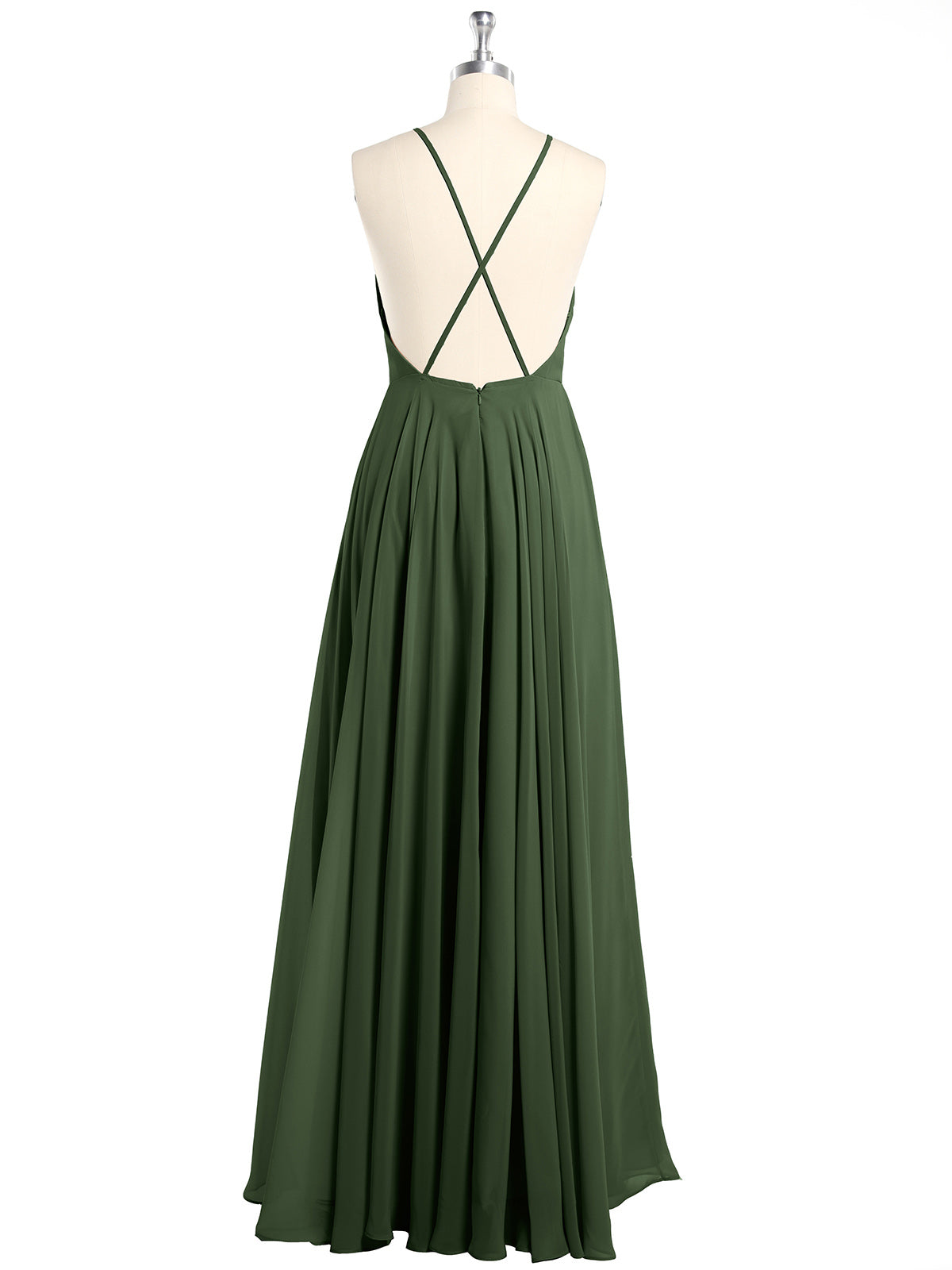 Vestidos sencillos de dama de honor de chiffon con espalda baja Verde Oliva Tallas Grandes