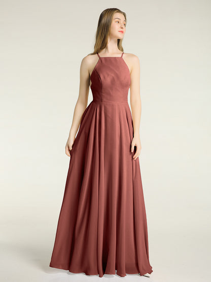 Vestidos sencillos de dama de honor de chiffon con espalda baja Terracota