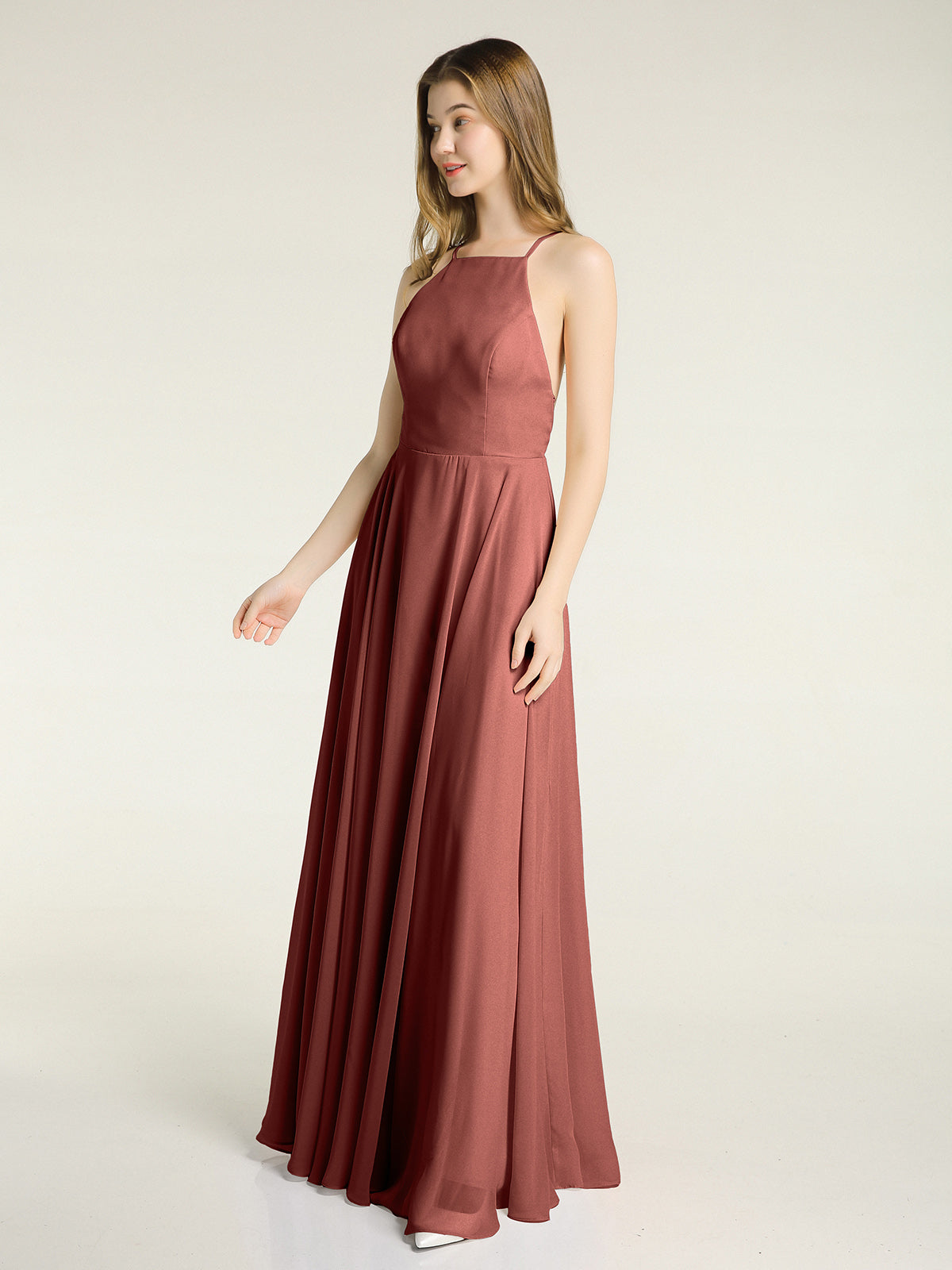 Vestidos sencillos de dama de honor de chiffon con espalda baja Terracota Tallas Grandes