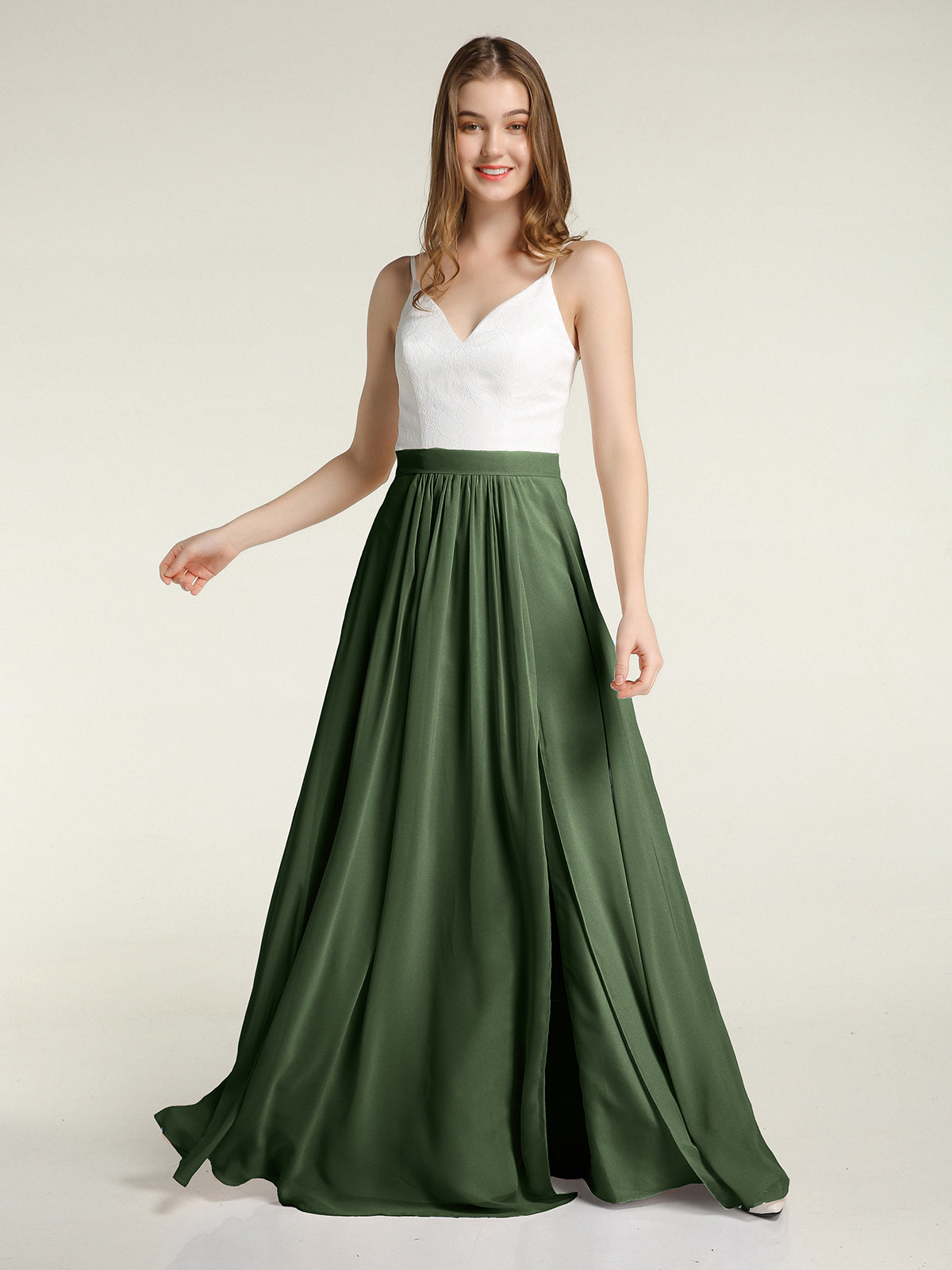 Vestidos de falda de chiffon con cuerpo de encaje marfil y abertura Verde Oliva