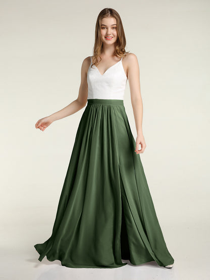 Vestidos de falda de chiffon con cuerpo de encaje marfil y abertura Verde Oliva