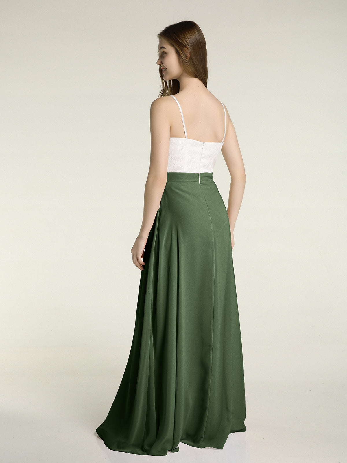 Vestidos de falda de chiffon con cuerpo de encaje marfil y abertura Verde Oliva