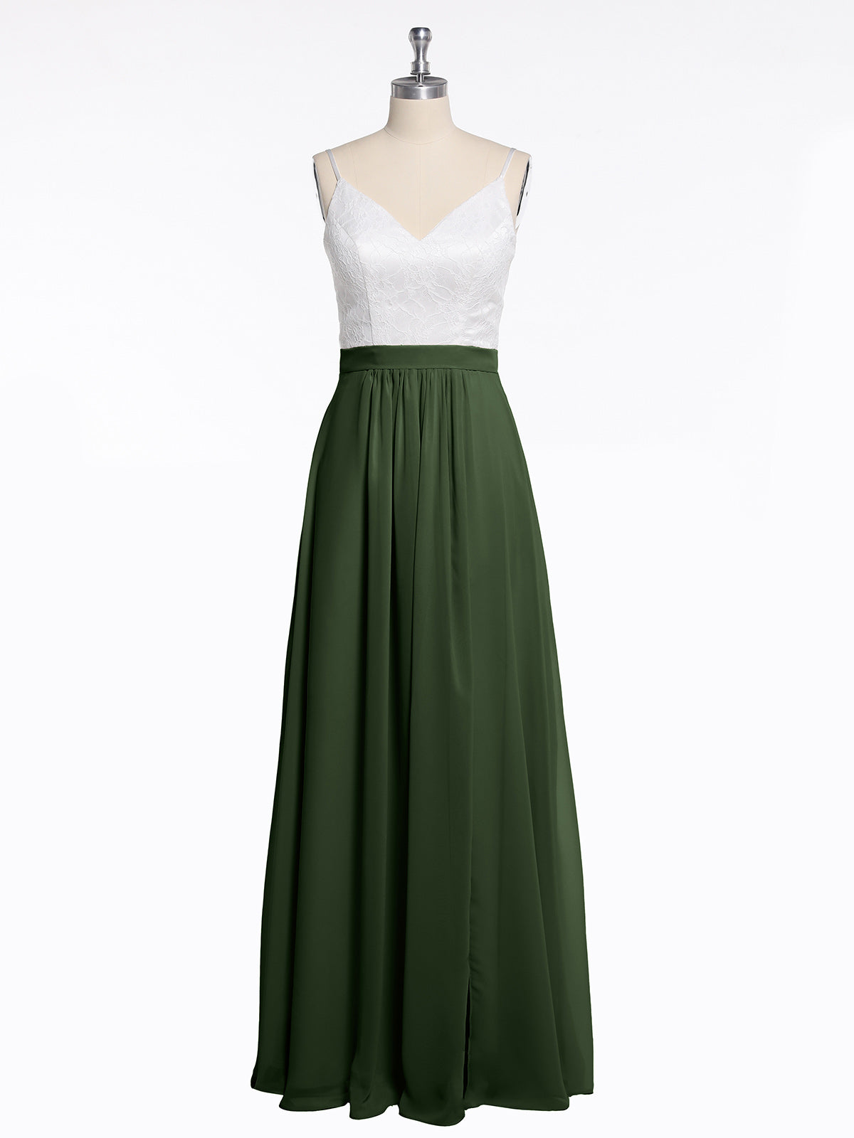 Vestidos de falda de chiffon con cuerpo de encaje marfil y abertura Verde Oliva