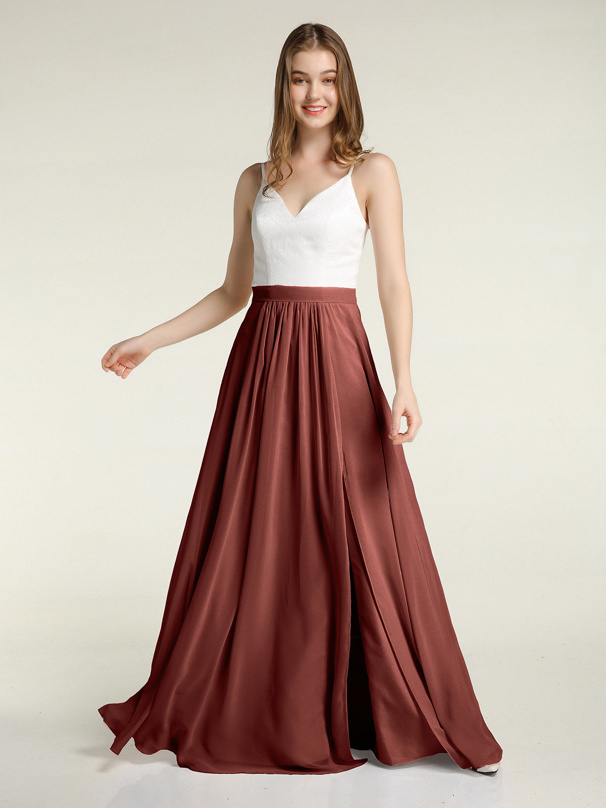 Vestidos de falda de chiffon con cuerpo de encaje marfil y abertura Terracota