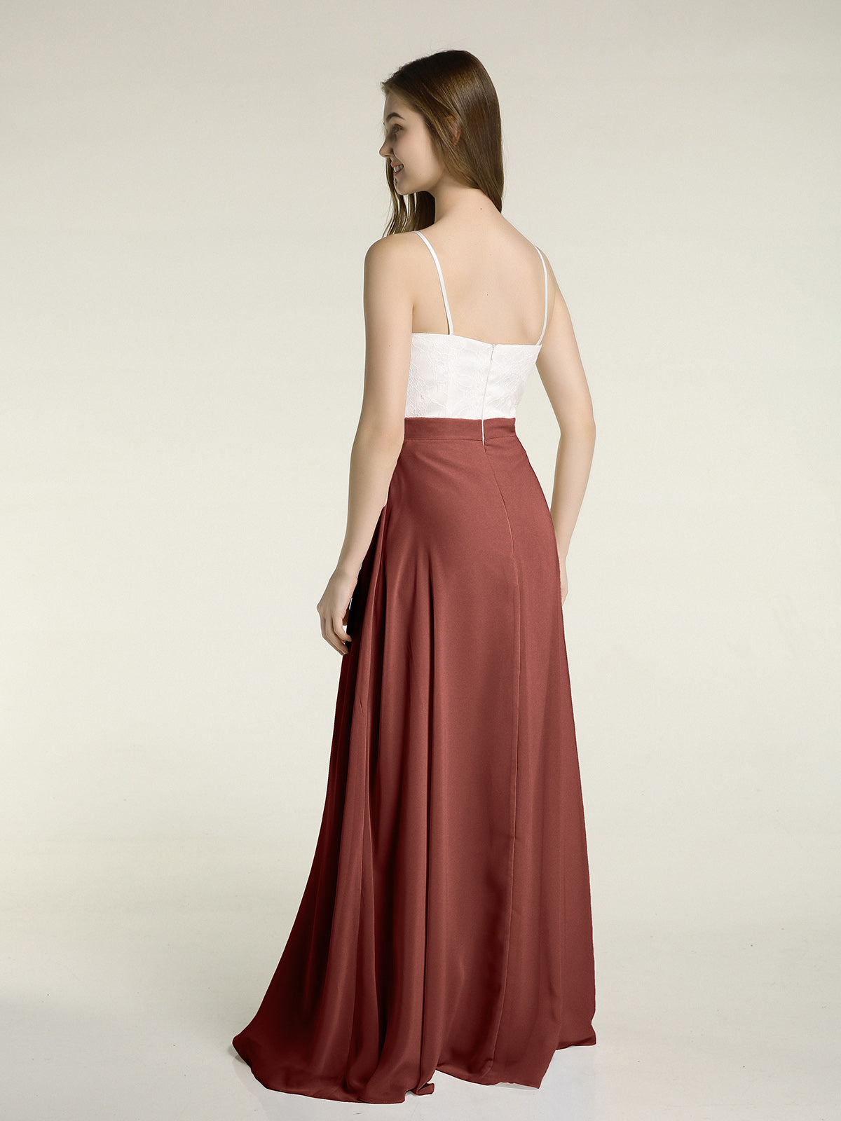 Vestidos de falda de chiffon con cuerpo de encaje marfil y abertura Terracota