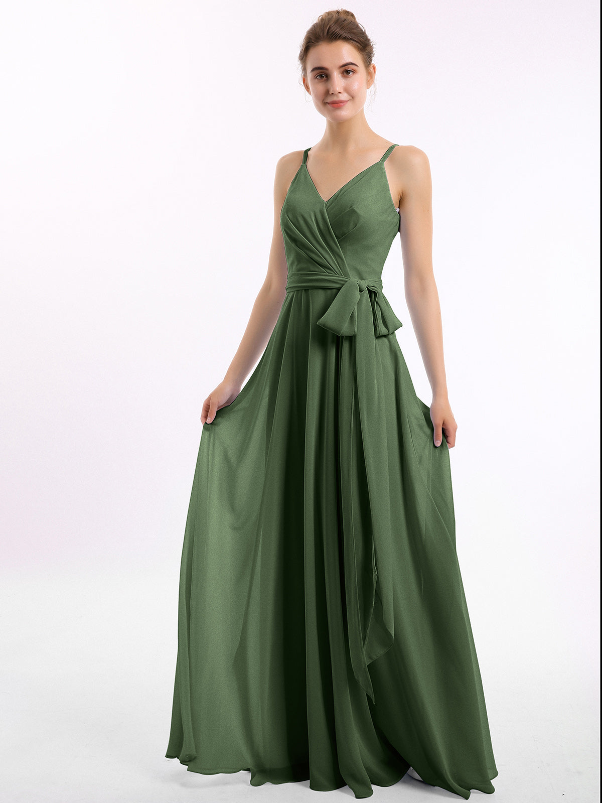 Vestidos de chiffon con tirantes finos y lazo de cinturón Verde Oliva