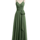 Vestidos de chiffon con tirantes finos y lazo de cinturón Verde Oliva