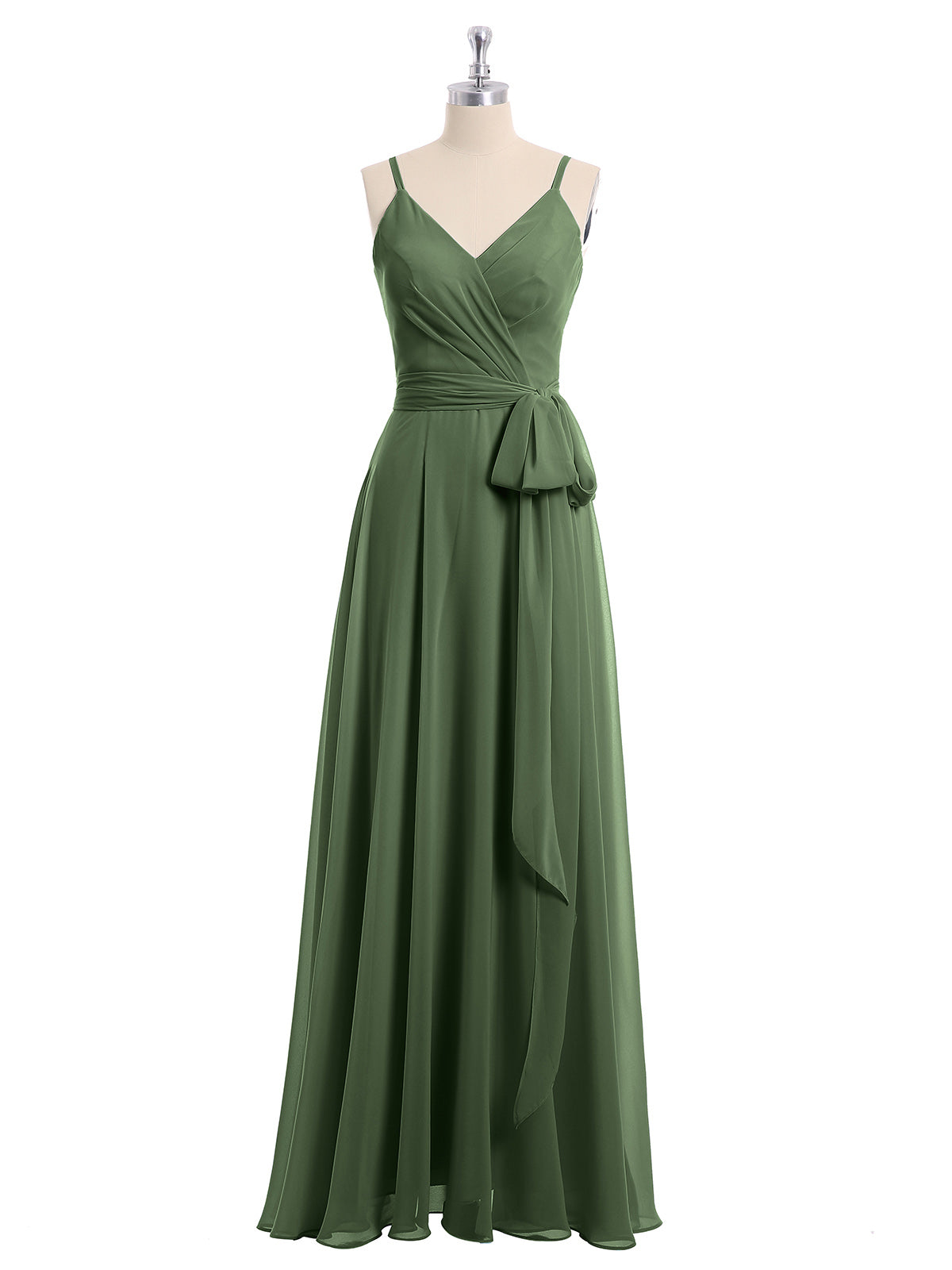 Vestidos de chiffon con tirantes finos y lazo de cinturón Verde Oliva