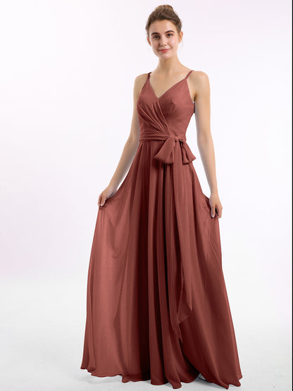 Vestidos de chiffon con tirantes finos y lazo de cinturón Terracota Tallas Grandes