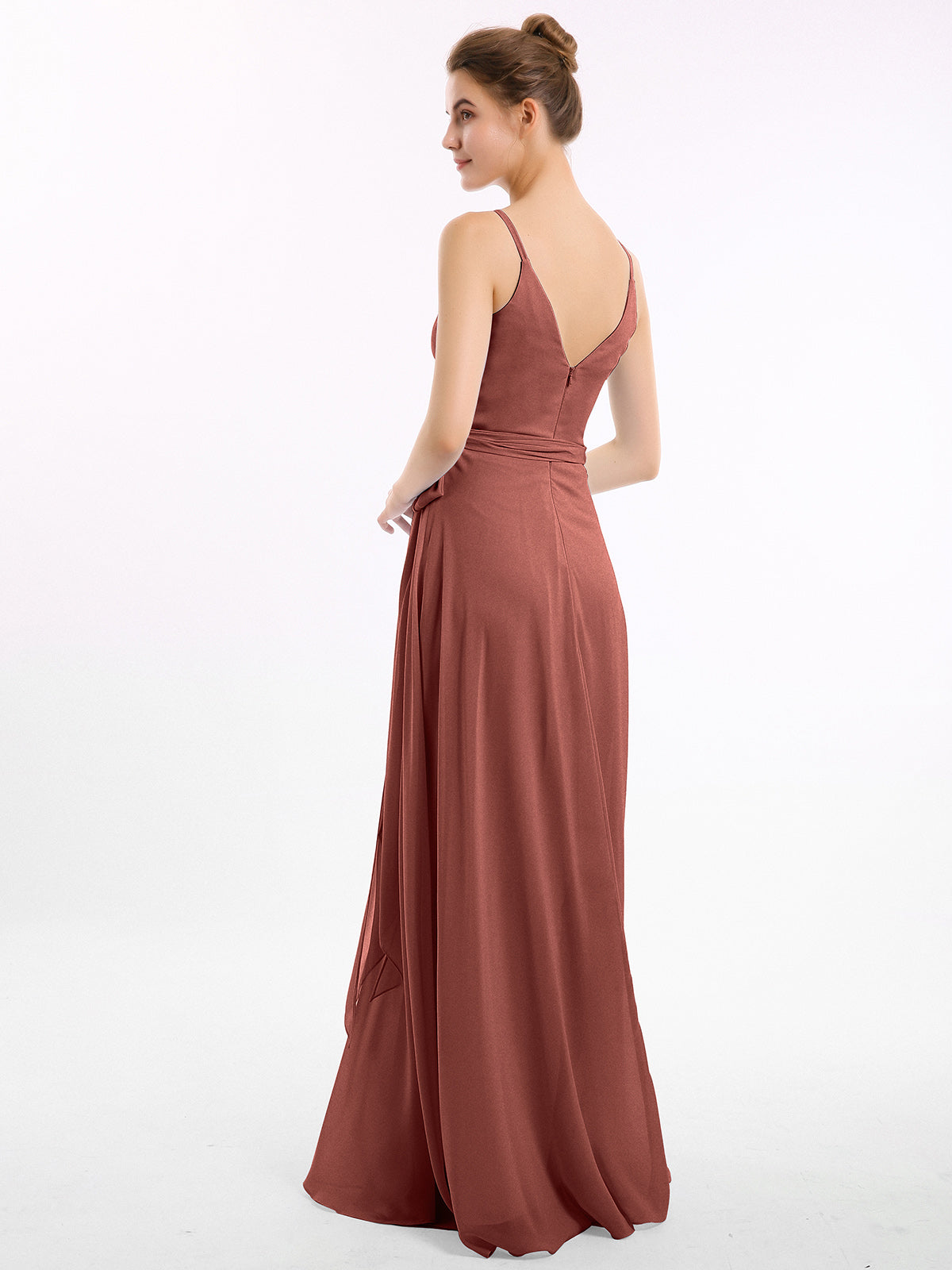 Vestidos de chiffon con tirantes finos y lazo de cinturón Terracota Tallas Grandes