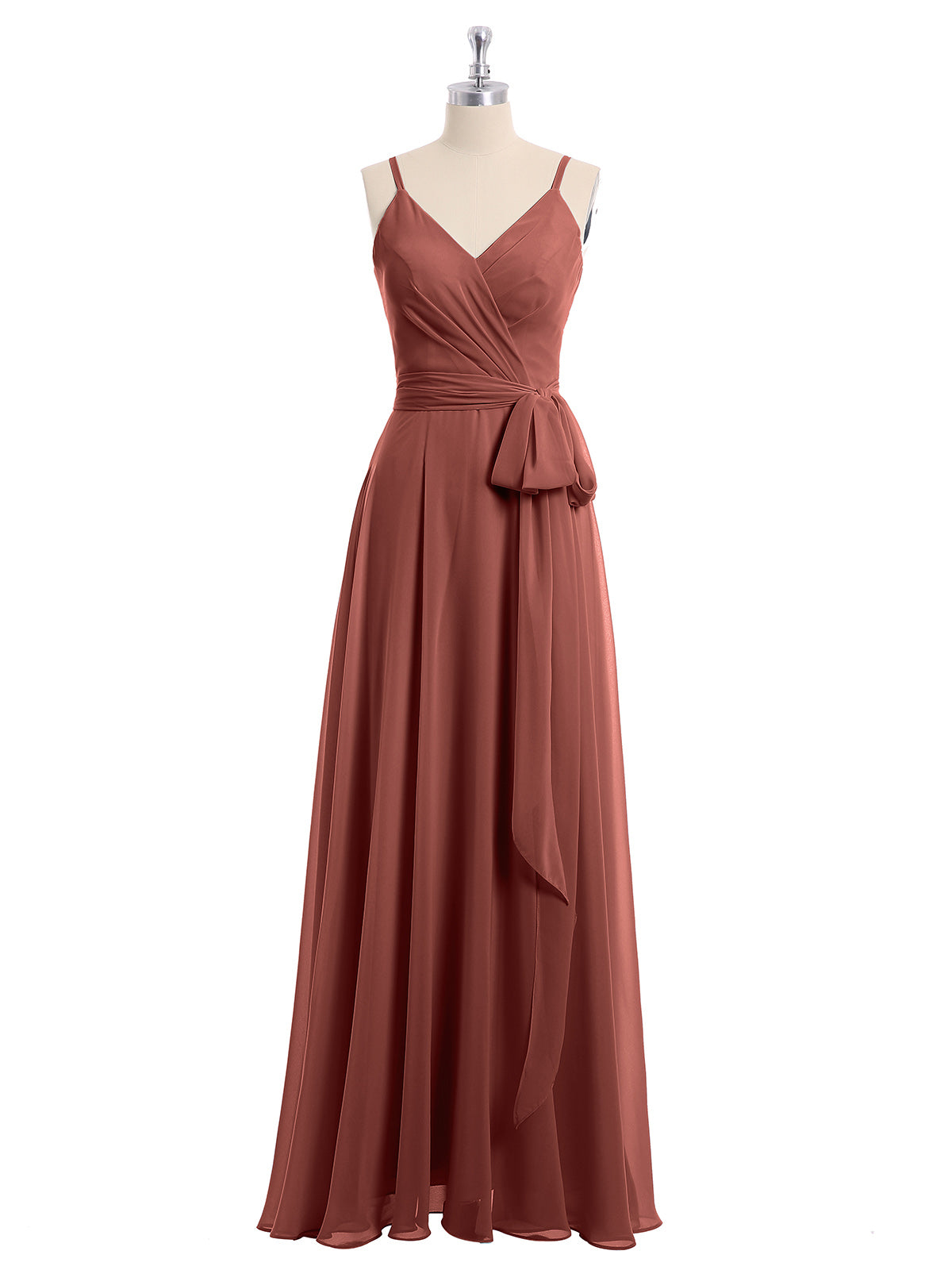 Vestidos de chiffon con tirantes finos y lazo de cinturón Terracota