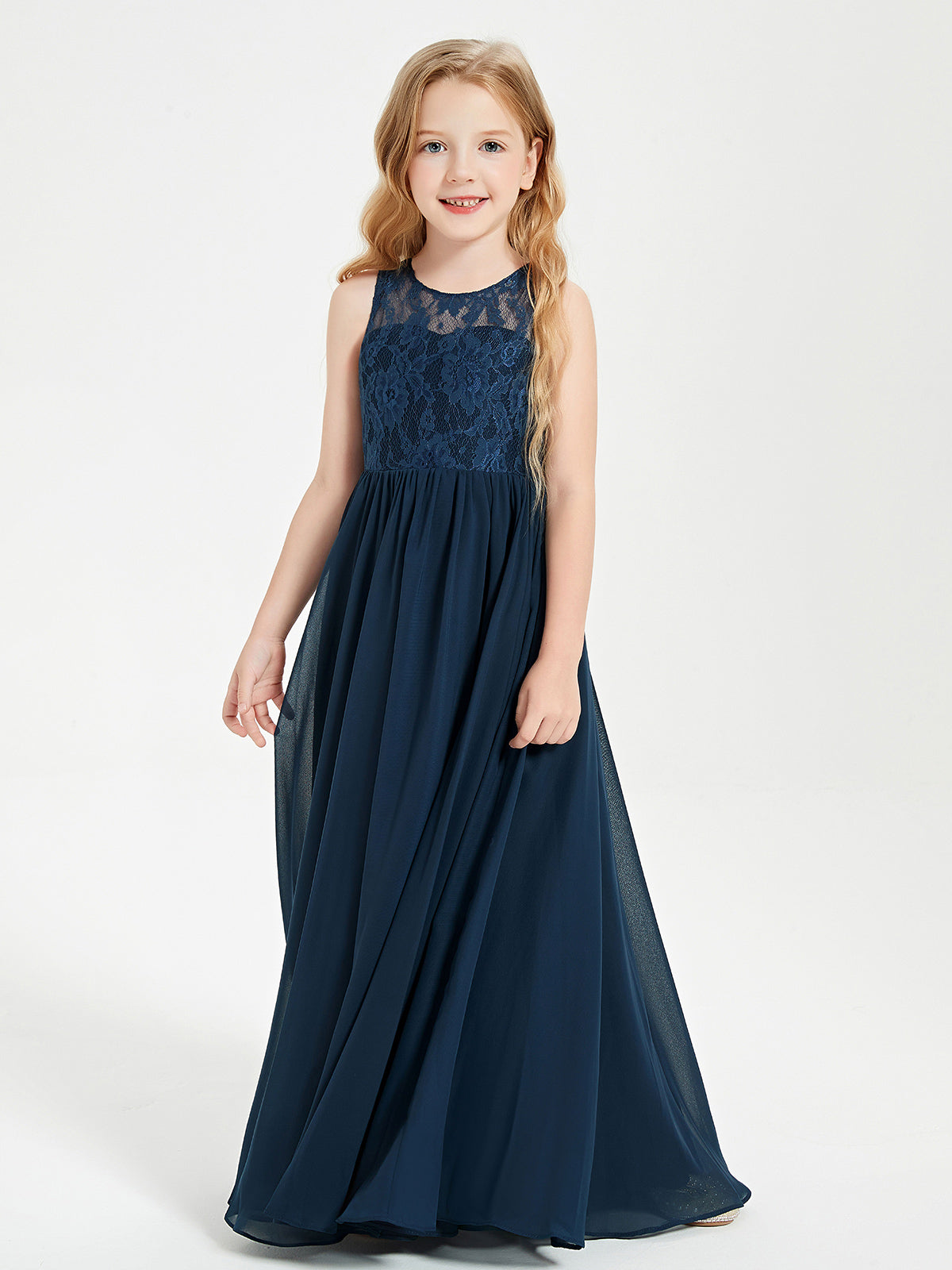 Vestidos Largos De Dama De Honor Junior Con Parte Superior De Encaje Pavo real
