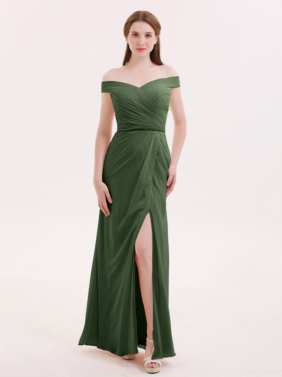 Sebastiane Fuera Del Hombro Gasa Vestidos Con Apertura Verde Oliva Tallas Grandes