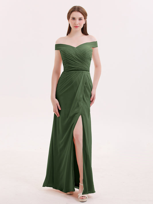 Sebastiane Fuera Del Hombro Gasa Vestidos Con Apertura Verde Oliva Tallas Grandes