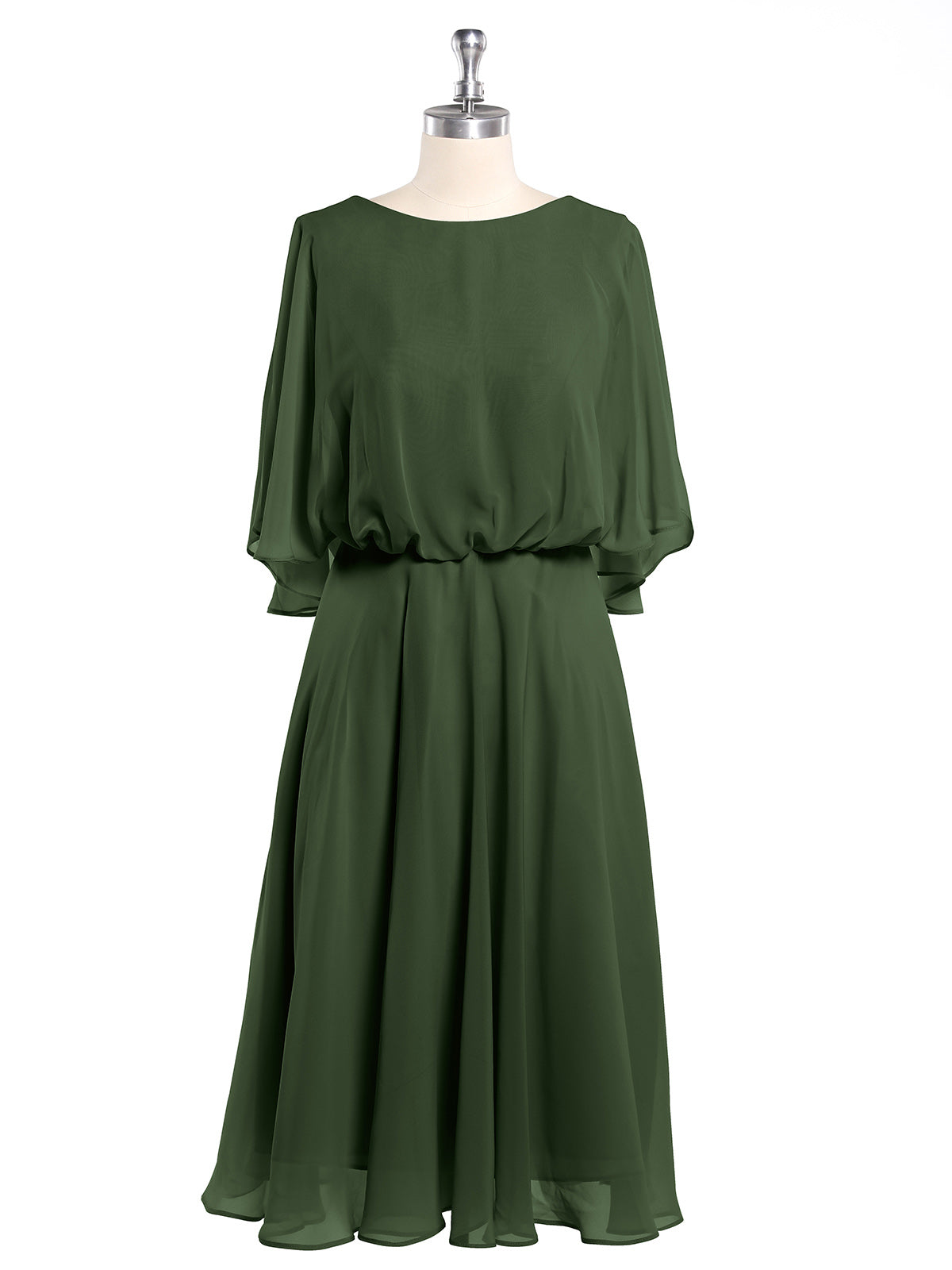 Vestidos cortos de chiffon con escote tipo scoop y mangas de volantes Verde Oliva