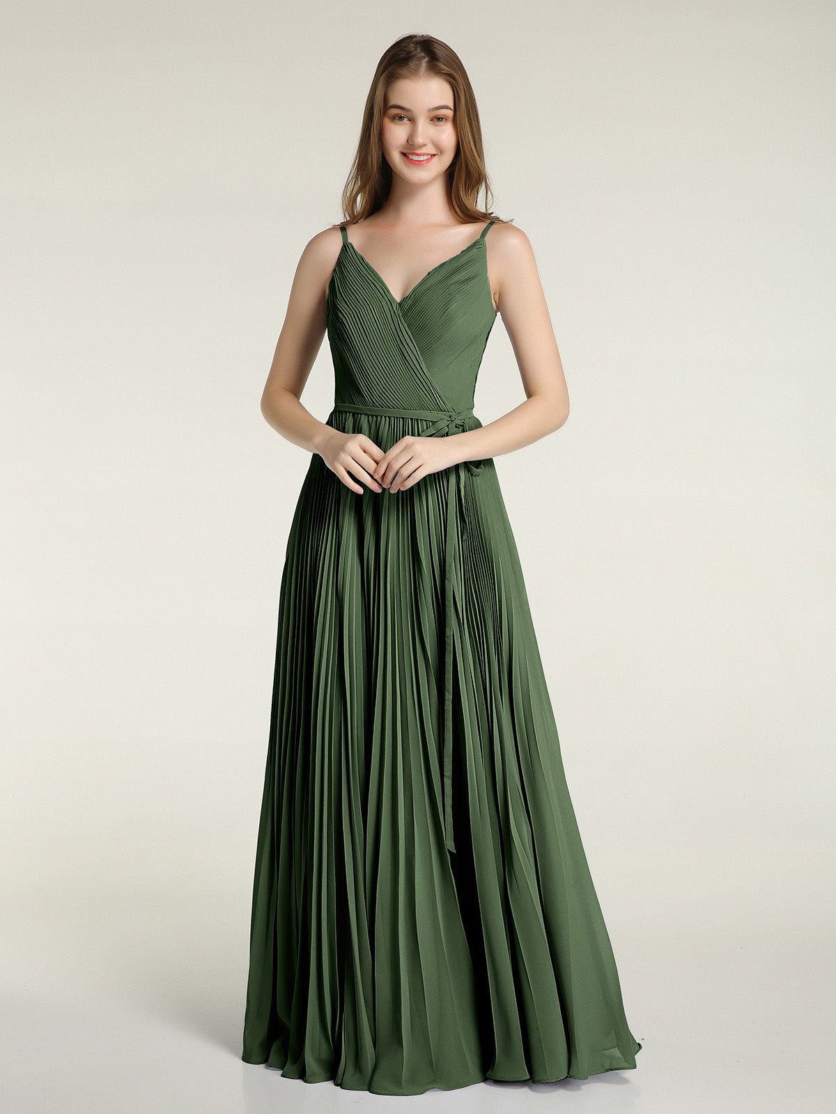 Vestidos de falda plisada completa con lazo de cinturón y escote en V Verde Oliva Tallas Grandes
