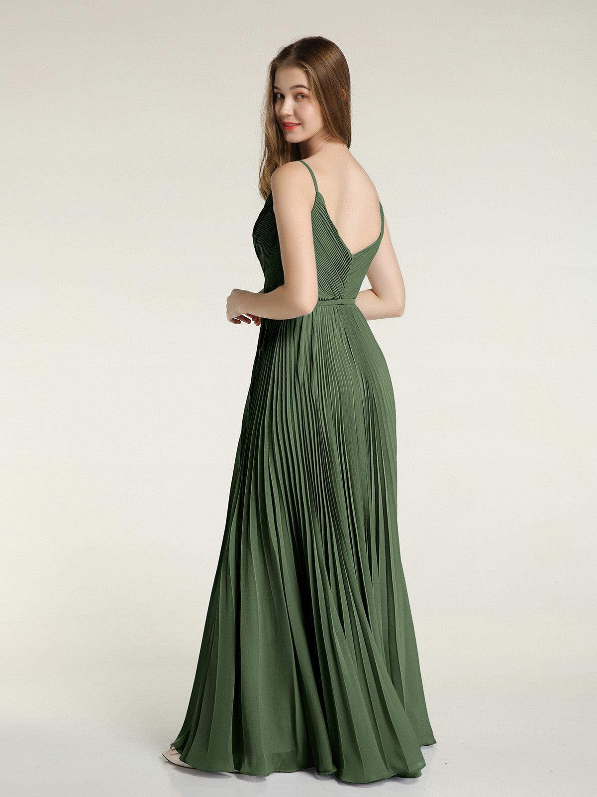Vestidos de falda plisada completa con lazo de cinturón y escote en V Verde Oliva Tallas Grandes