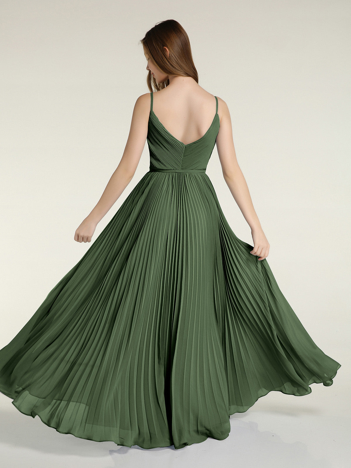 Vestidos de falda plisada completa con lazo de cinturón y escote en V Verde Oliva Tallas Grandes