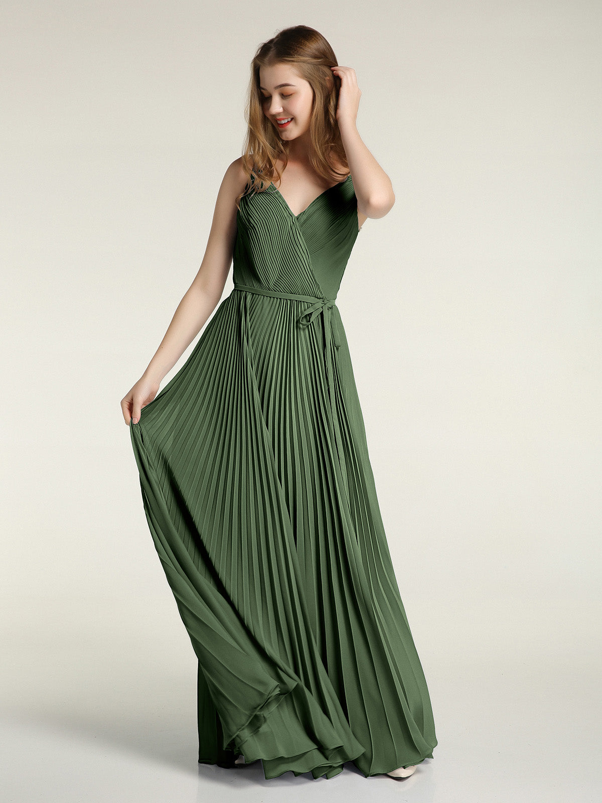Vestidos de falda plisada completa con lazo de cinturón y escote en V Verde Oliva Tallas Grandes