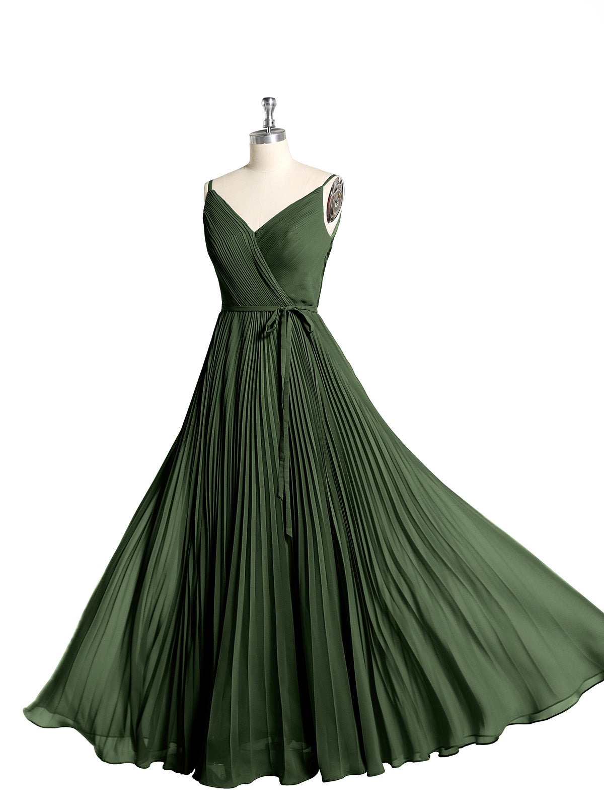 Vestidos de falda plisada completa con lazo de cinturón y escote en V Verde Oliva Tallas Grandes