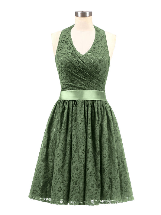 Serafina Cabestro Escote En V Encaje Vestido Con Saten Faja Verde Oliva Tallas Grandes