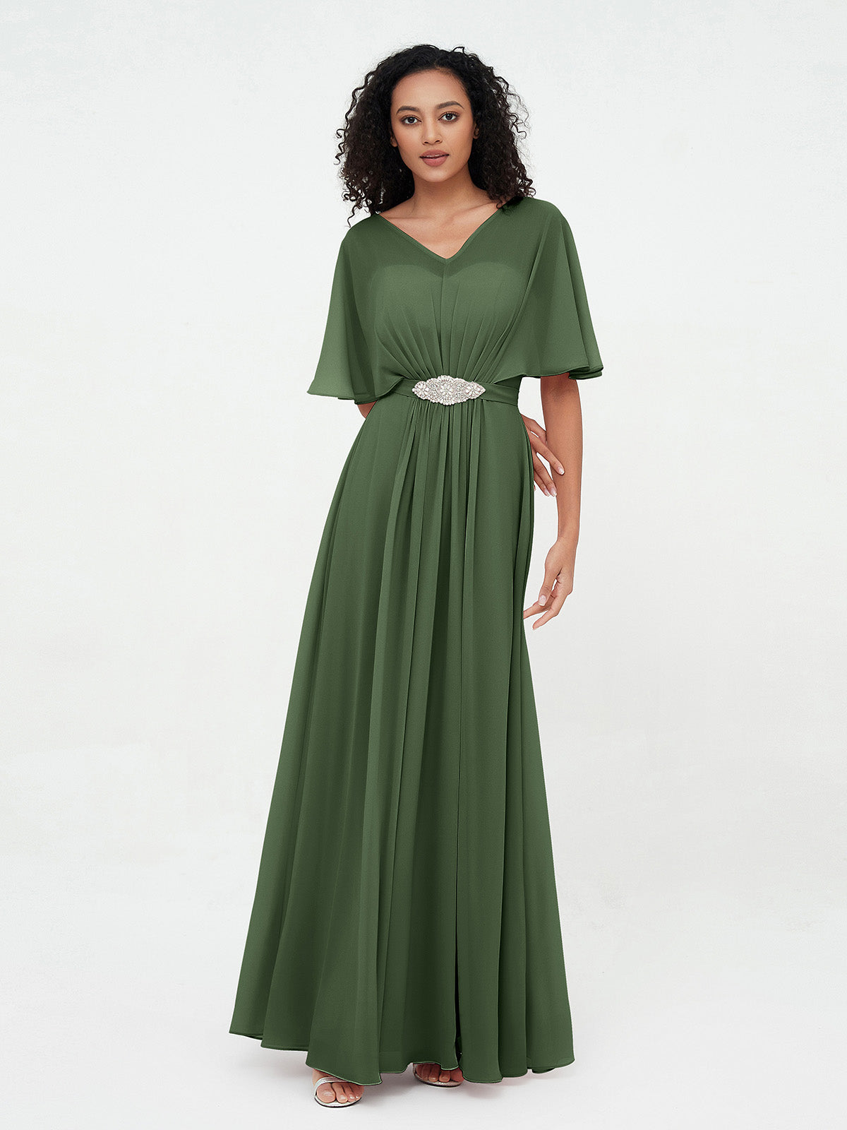 Vestidos máximos de chiffon con ilusión de escote corazón Verde Oliva