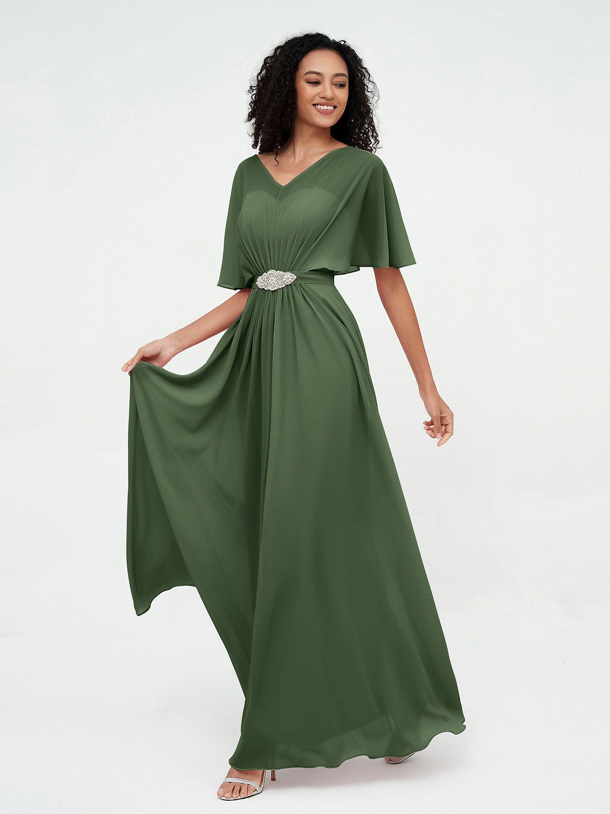 Vestidos máximos de chiffon con ilusión de escote corazón Verde Oliva