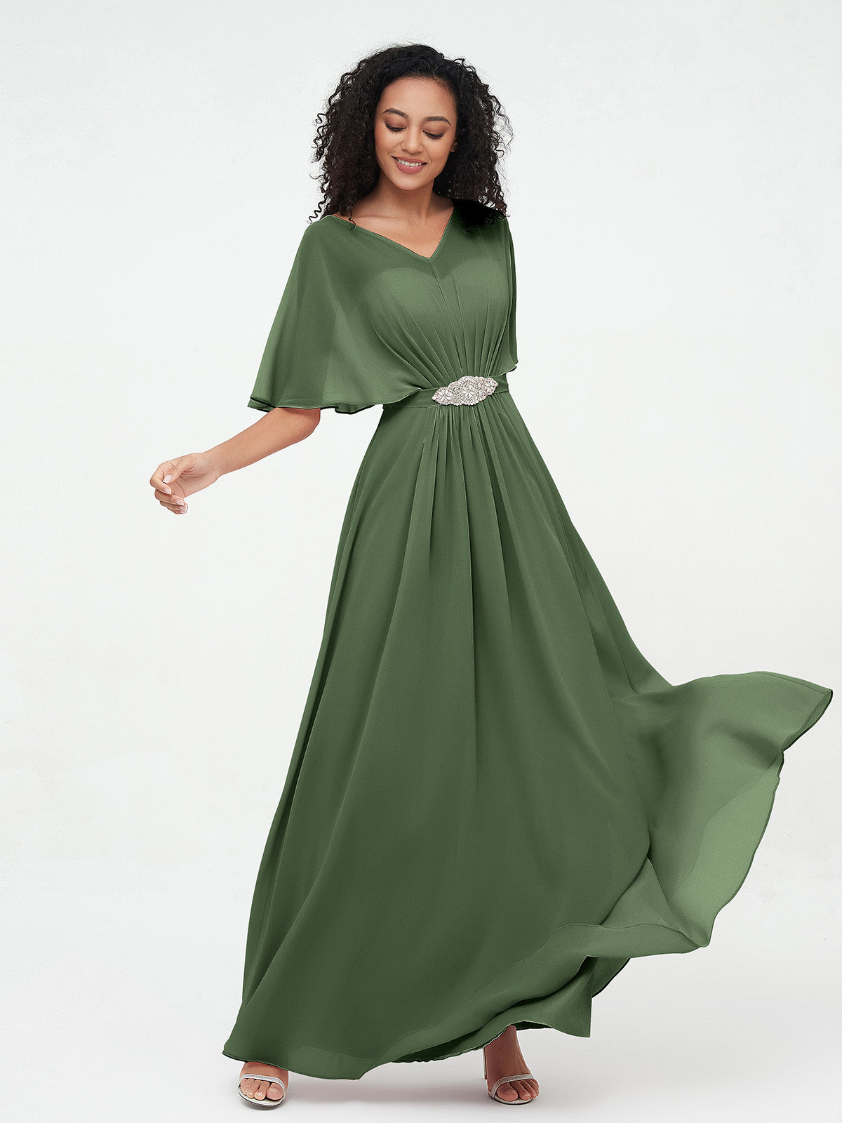 Vestidos máximos de chiffon con ilusión de escote corazón Verde Oliva Tallas Grandes