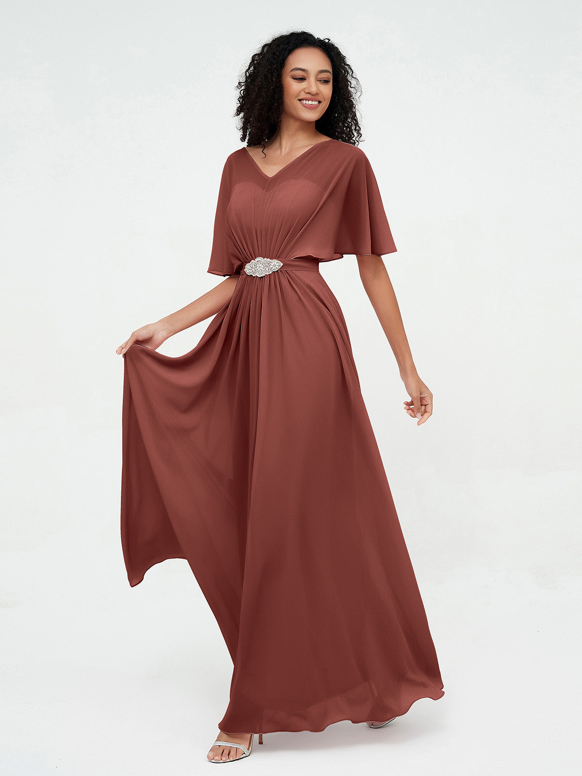 Vestidos máximos de chiffon con ilusión de escote corazón Terracota