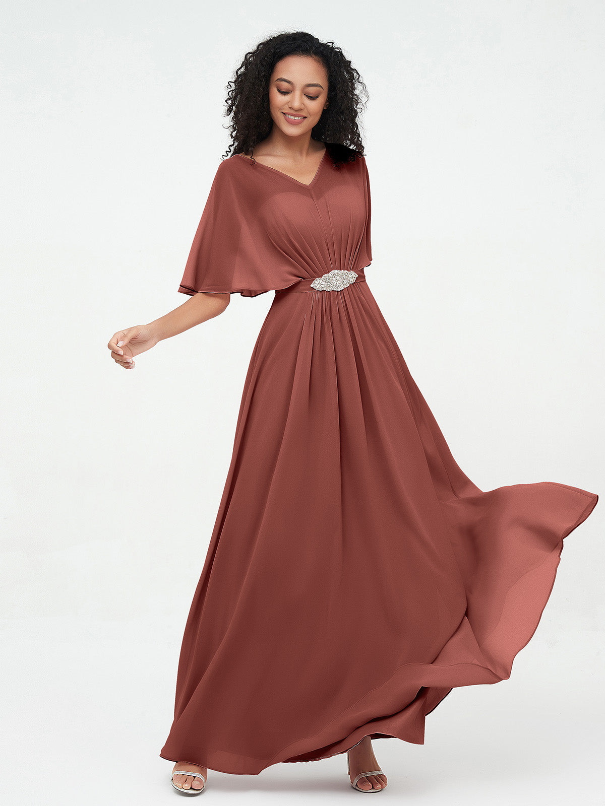 Vestidos máximos de chiffon con ilusión de escote corazón Terracota Tallas Grandes