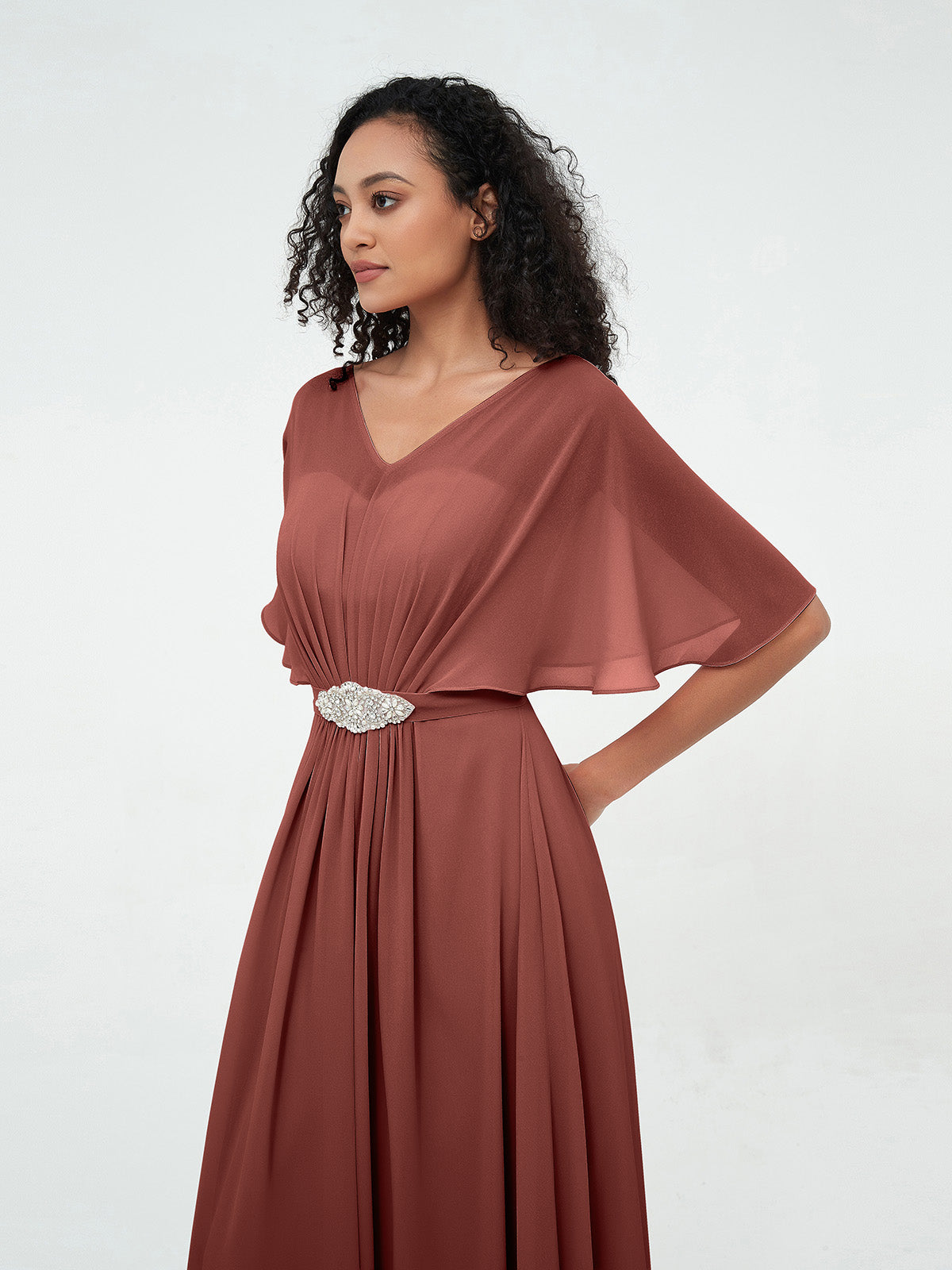 Vestidos máximos de chiffon con ilusión de escote corazón Terracota Tallas Grandes