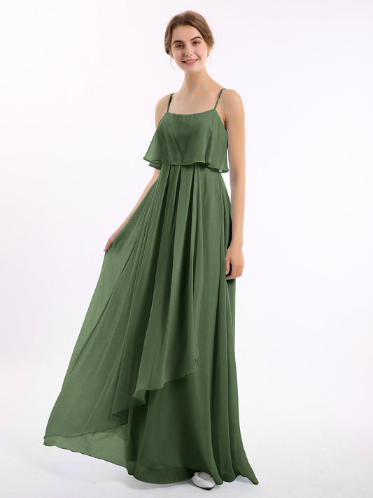 Vestido de chiffon con tirantes finos y falda tipo cascada Verde Oliva