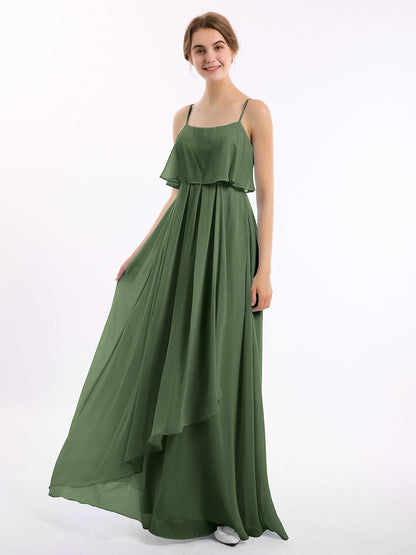 Vestido de chiffon con tirantes finos y falda tipo cascada Verde Oliva Tallas Grandes