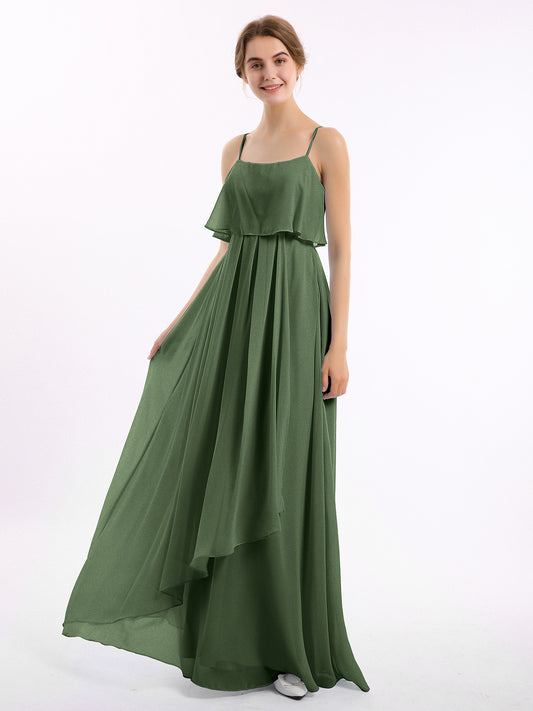 Vestido de chiffon con tirantes finos y falda tipo cascada Verde Oliva Tallas Grandes