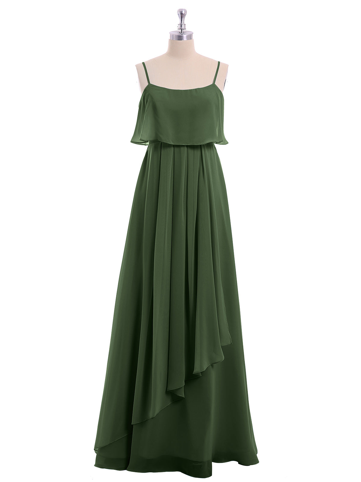 Vestido de chiffon con tirantes finos y falda tipo cascada Verde Oliva Tallas Grandes