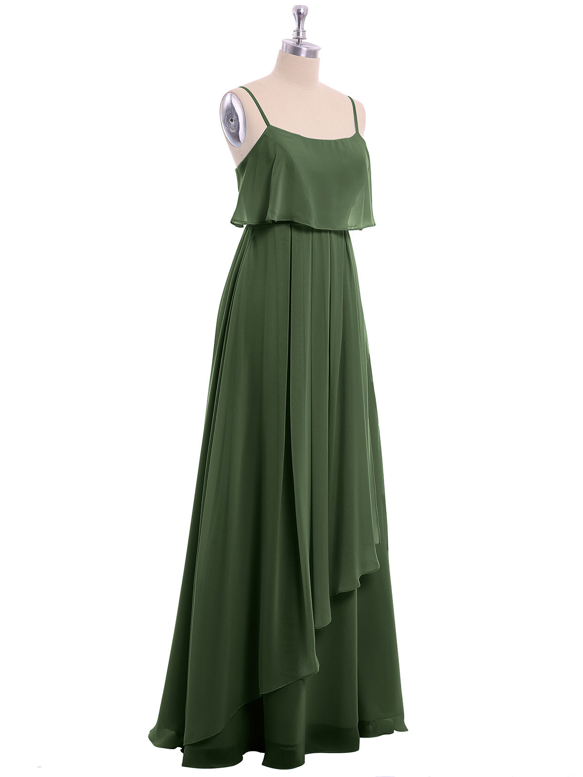 Vestido de chiffon con tirantes finos y falda tipo cascada Verde Oliva