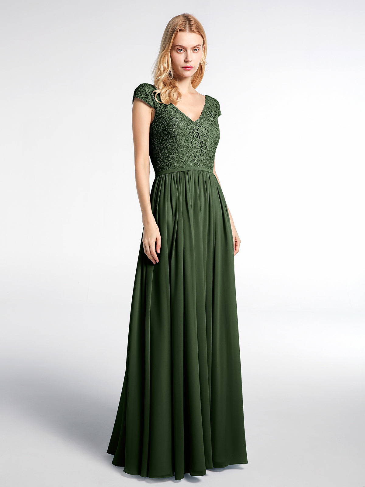 Vestido maxi de encaje y chiffon con mangas cortas Verde Oliva