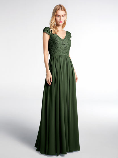 Vestido maxi de encaje y chiffon con mangas cortas Verde Oliva Tallas Grandes