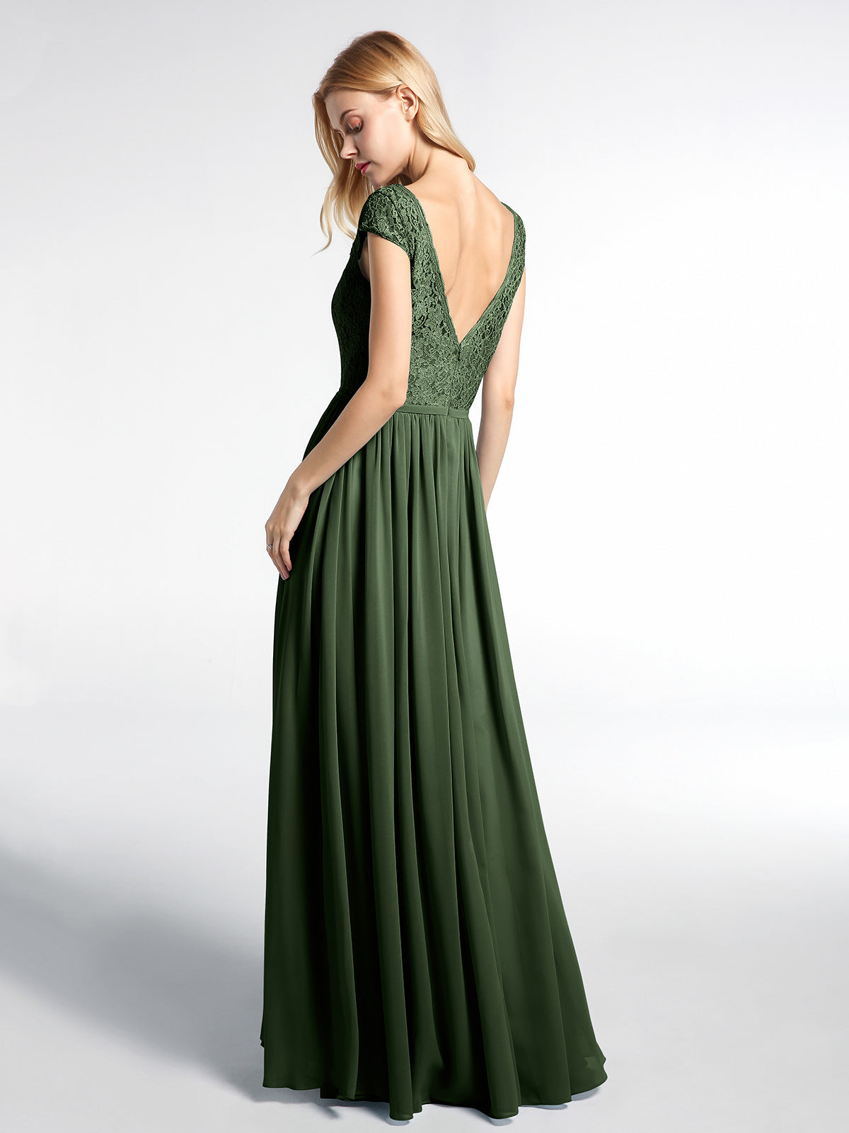 Vestido maxi de encaje y chiffon con mangas cortas Verde Oliva