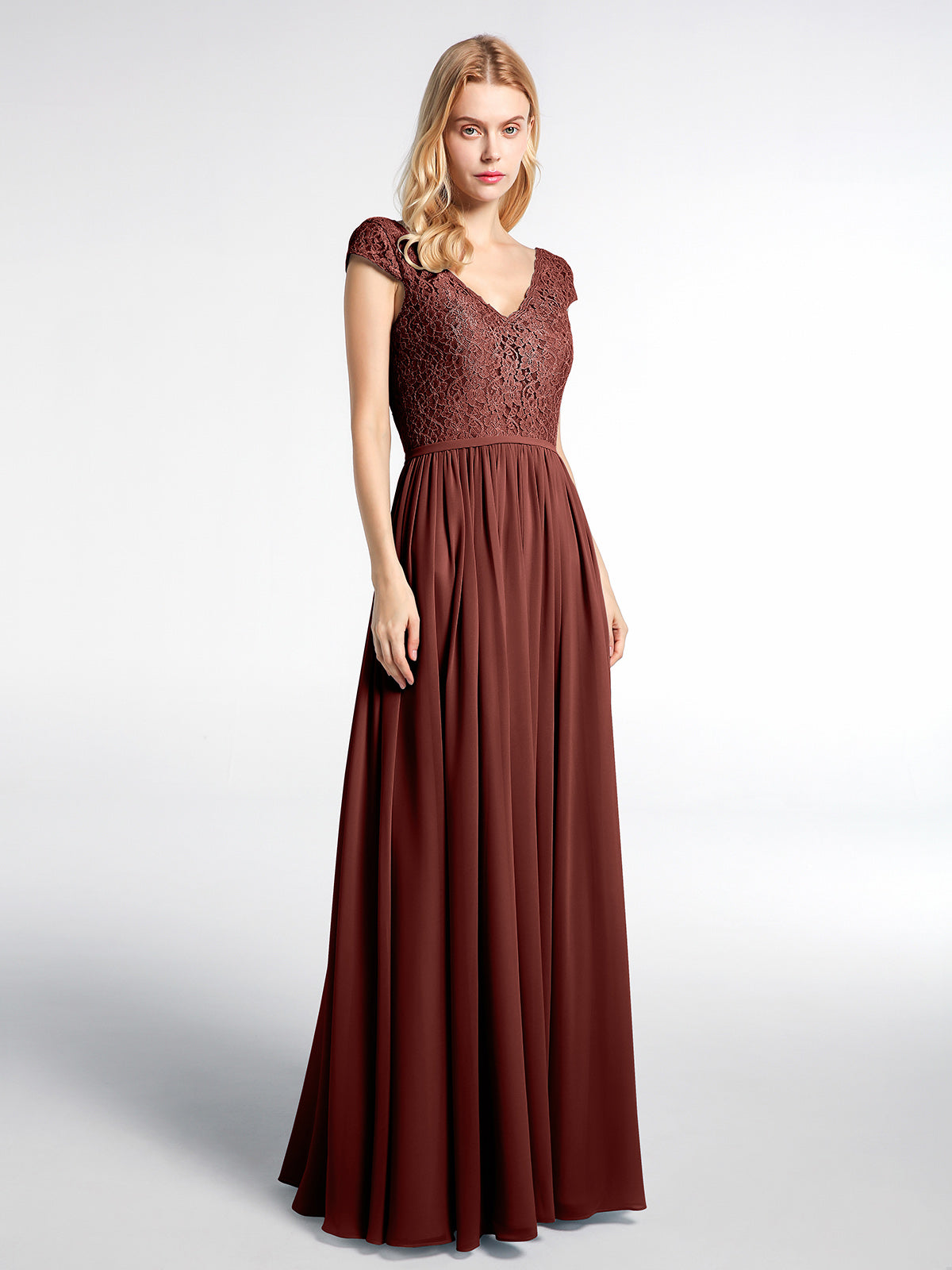 Vestido maxi de encaje y chiffon con mangas cortas Terracota