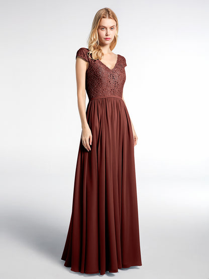 Vestido maxi de encaje y chiffon con mangas cortas Terracota Tallas Grandes