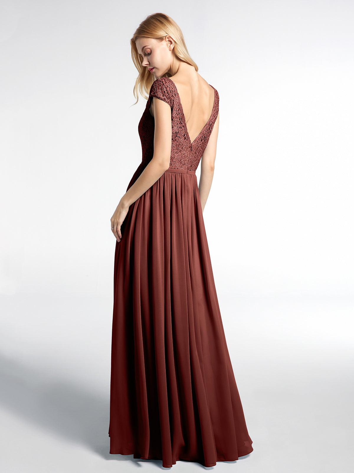 Vestido maxi de encaje y chiffon con mangas cortas Terracota