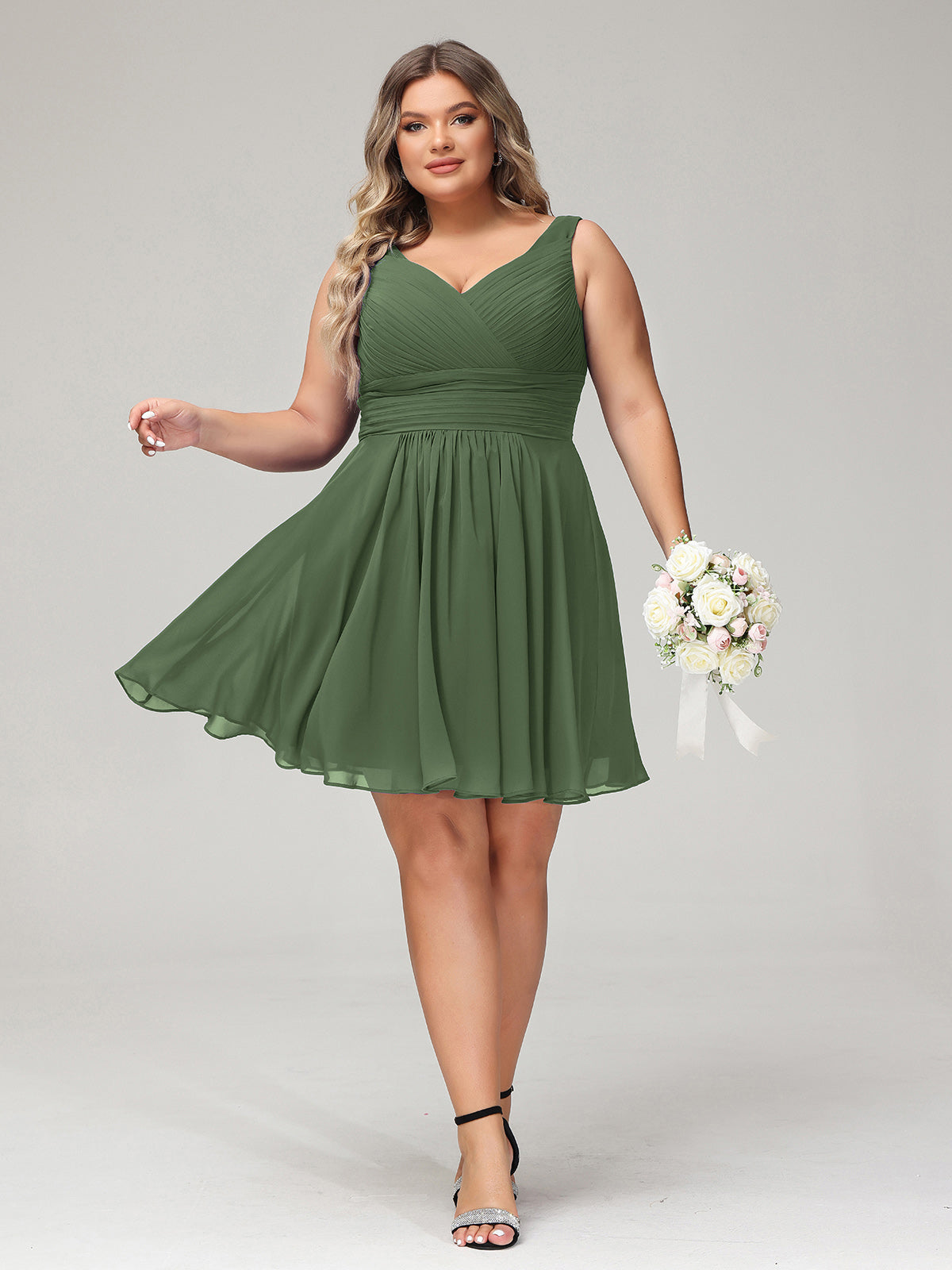 Shirley Escote En V Gasa Corto Vestidos De Dama De Honor Verde Oliva Tallas Grandes