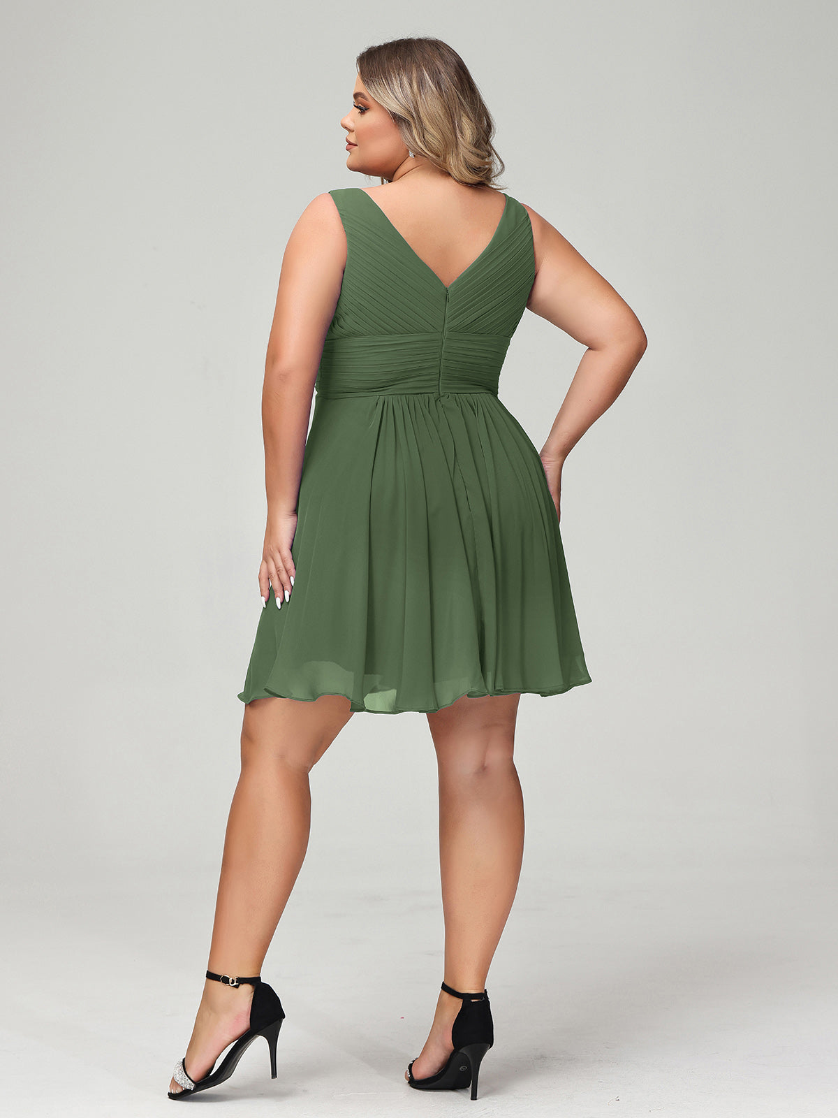 Shirley Escote En V Gasa Corto Vestidos De Dama De Honor Verde Oliva Tallas Grandes
