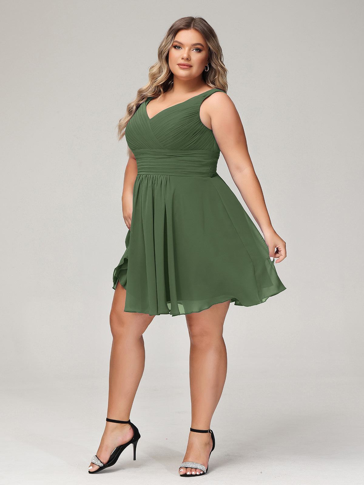 Shirley Escote En V Gasa Corto Vestidos De Dama De Honor Verde Oliva Tallas Grandes