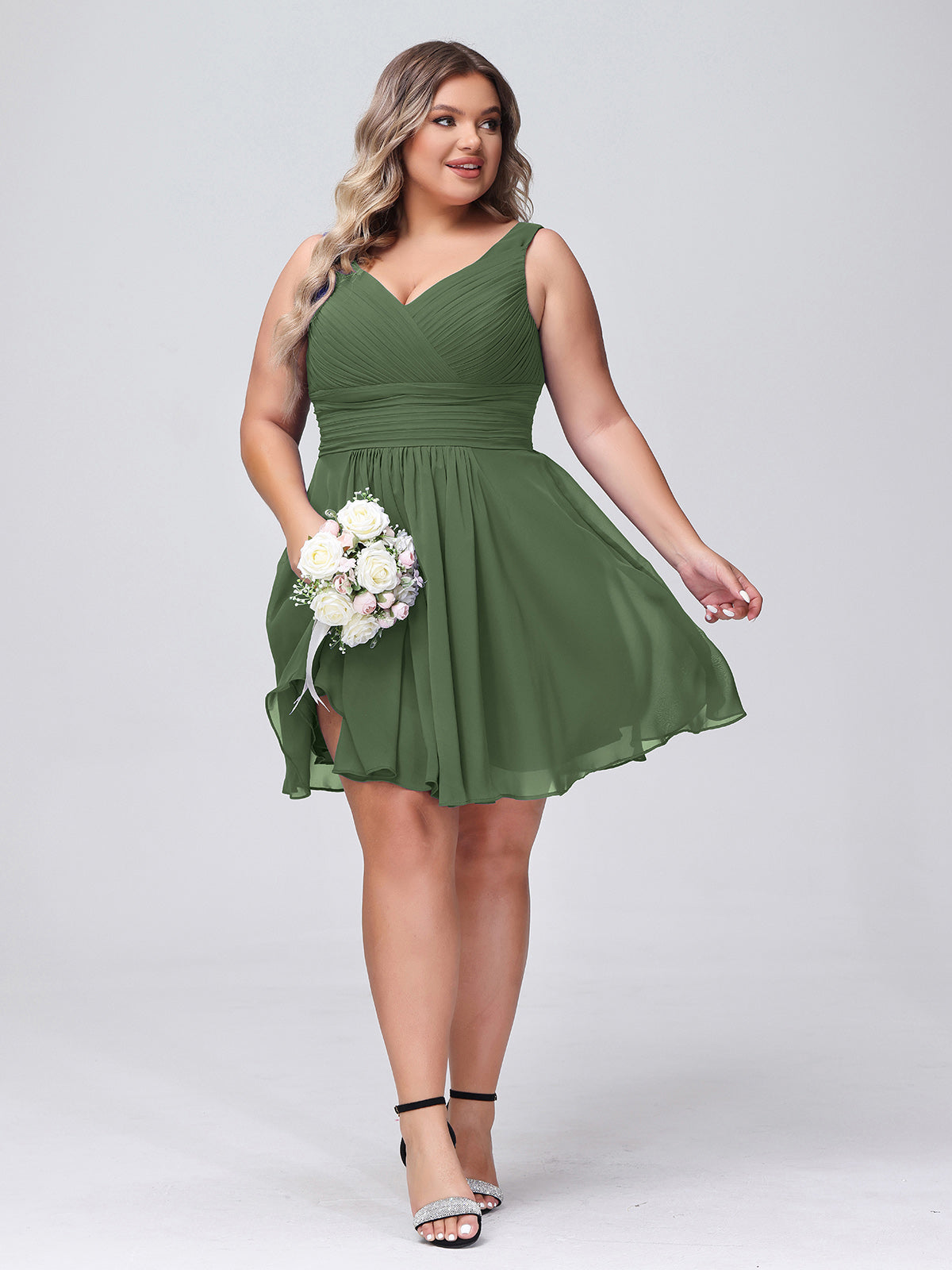 Shirley Escote En V Gasa Corto Vestidos De Dama De Honor Verde Oliva Tallas Grandes