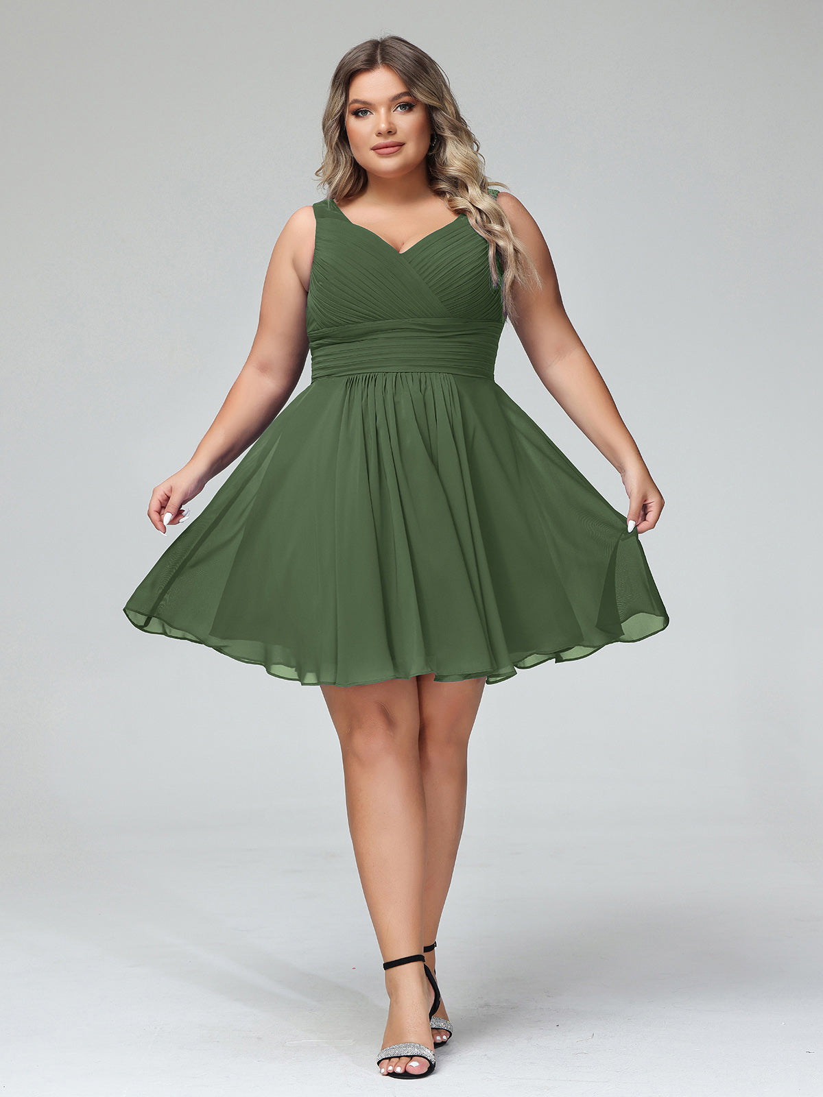 Shirley Escote En V Gasa Corto Vestidos De Dama De Honor Verde Oliva Tallas Grandes