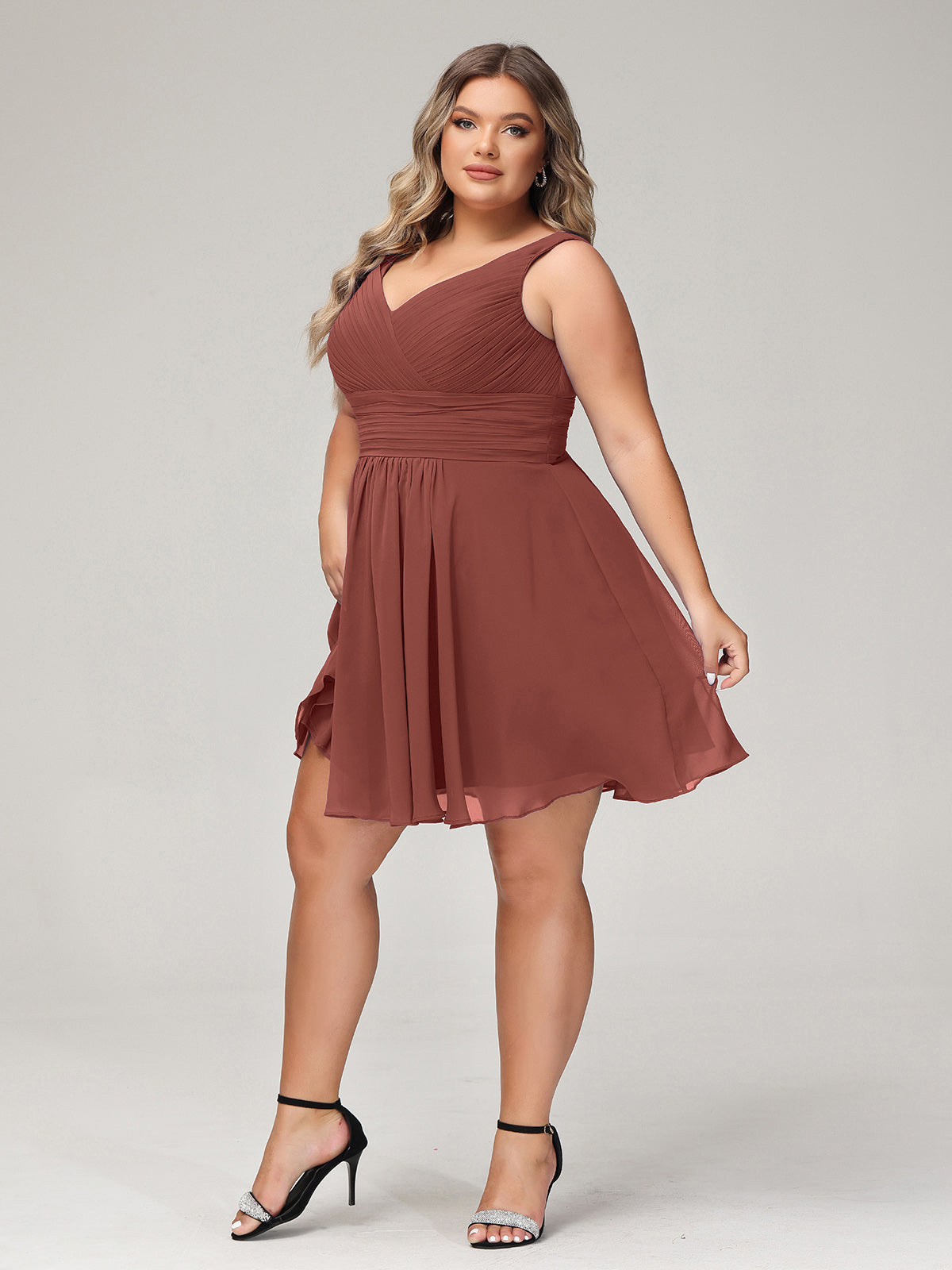 Shirley Escote En V Gasa Corto Vestidos De Dama De Honor Terracota Tallas Grandes