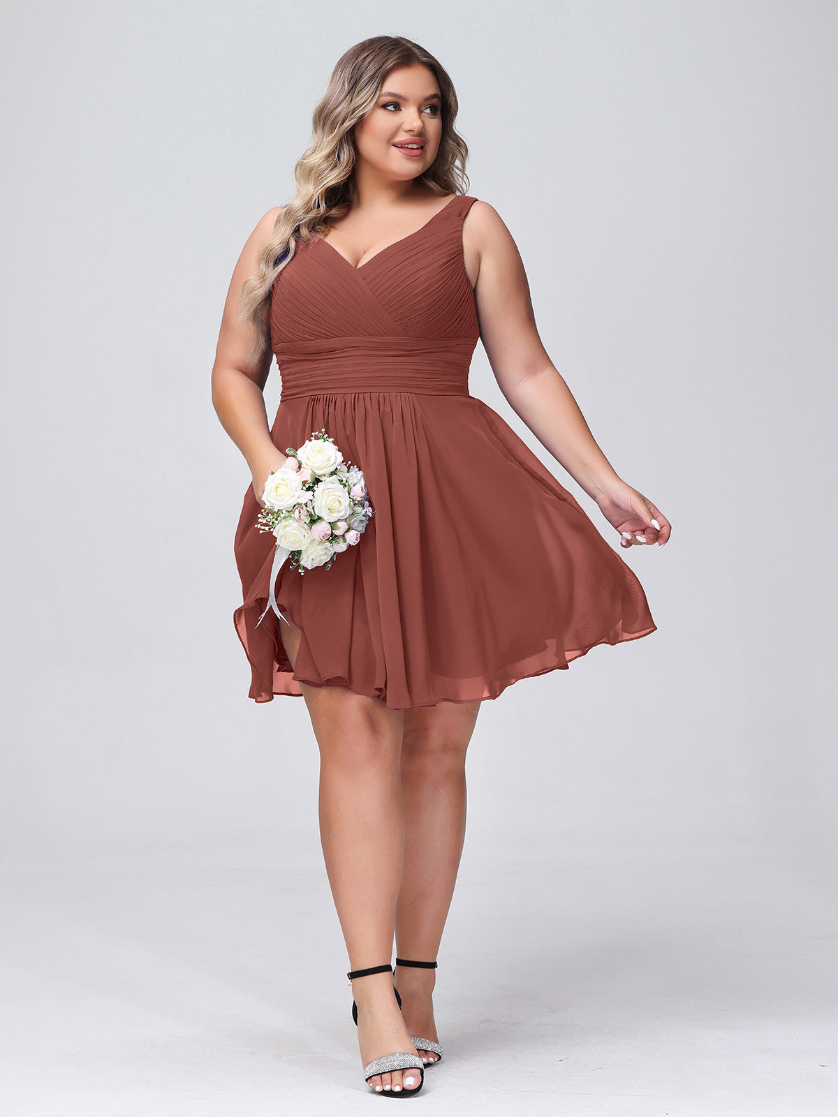 Shirley Escote En V Gasa Corto Vestidos De Dama De Honor Terracota Tallas Grandes