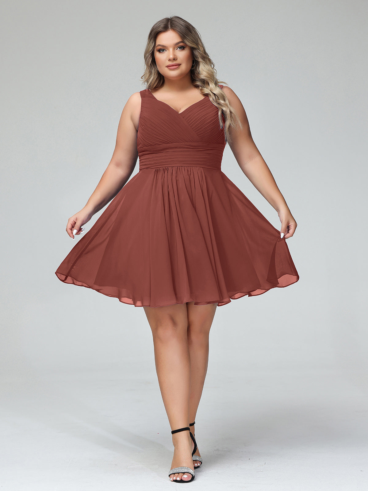 Shirley Escote En V Gasa Corto Vestidos De Dama De Honor Terracota Tallas Grandes
